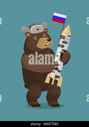 Happy bear holding rocket ou missile nucléaire dans ses pattes. La Russie, Moscou concept. Cartoon vector illustration Illustration de Vecteur