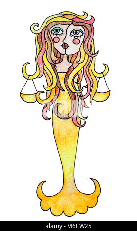 Aquarelle pensil illustration de signe de zodiaque. Balance fille avec des cheveux colorés. Isolé sur fond blanc. Banque D'Images