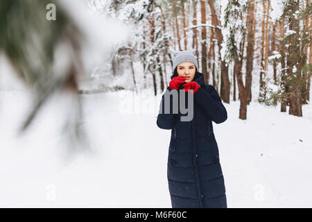 La jeune fille marche dans une forêt couverte de neige parmi les pins en rouge et des gants pose tourne Banque D'Images