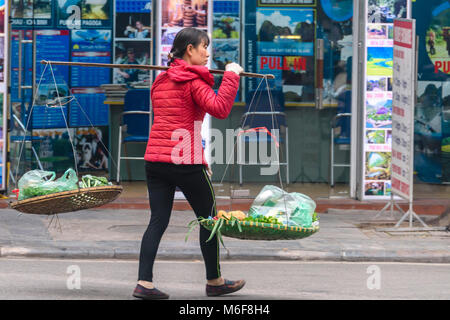 Une femme porte des légumes dans les paniers suspendus à partir de son pôle comptable de bambou à Hanoi, Vietnam Banque D'Images