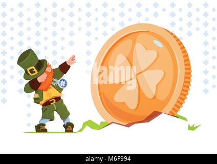 Happy St Patrick Day Background homme vert Leprechaun sur Golden coins avec Clover chanter Illustration de Vecteur