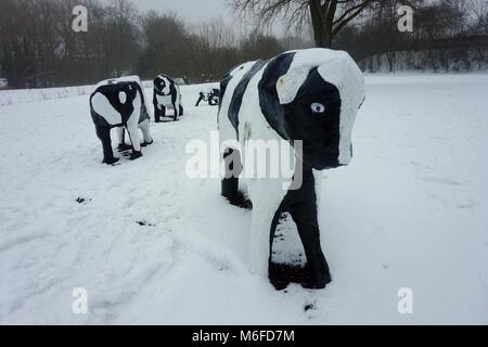 Milton Keynes, Royaume-Uni. Le 3 mars 2018. Les vaches en béton, Bancroft, Milton Keynes. Crédit : Martin Smith/Alamy Live News Banque D'Images