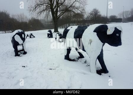 Milton Keynes, Royaume-Uni. Le 3 mars 2018. Neige à la vaches en béton, Bancroft, Milton Keynes Crédit : Martin Smith/Alamy Live News Banque D'Images