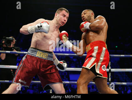 Sheffield, Royaume-Uni. 3 mars, 2018. Kell Brook (Rouge & or short) gagne plus de Sergey Rabchenko (marron et argent short) pour le titre WBC Silver Super-Welterweight sur le concours à FlyDSA Matchroom Boxing Sheffield Arena, Photo par Stephen Gaunt/Alamy Live News 03/03/2018 Banque D'Images