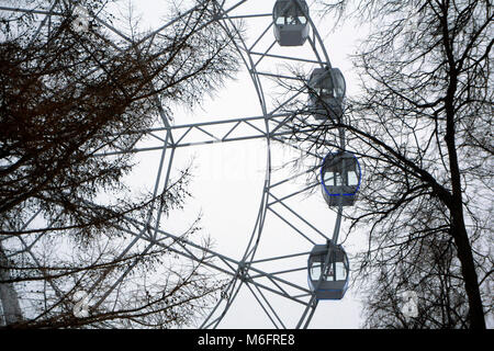 Fragment d'une grande roue, visible à travers les branches des arbres d'hiver dans un sombre brouillard météo Banque D'Images