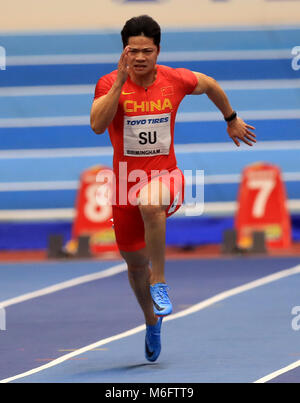 La Chine a su Bingtian sur le chemin pour gagner la demi-finale hommes 60m 1 de la chaleur au cours de la troisième journée du Championnat du Monde Indoor de l'IAAF 2018 à l'Arena de Birmingham. Banque D'Images