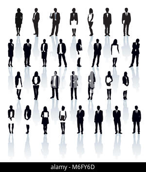 Grand ensemble de silhouettes en noir et blanc avec des ombres. Entrepreneurs : les hommes et les femmes. Banque D'Images