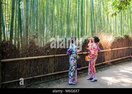 Les jeunes femmes japonaises habillées en kimono traditionnel debout à la forêt de bambous à Arashiyama, Kyoto, Japon Banque D'Images