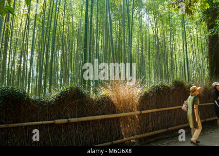 Les touristes japonais à pied la forêt de bambous à Arashiyama, à Kyoto, Japon Banque D'Images