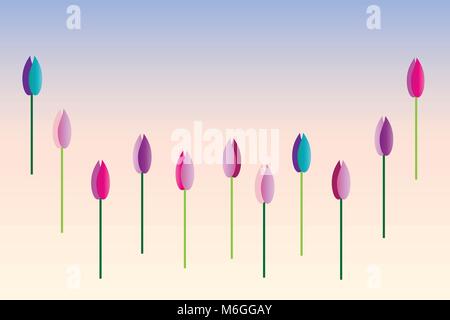 Tulipes colorées sur fond rose/bleu. Illustration de Vecteur