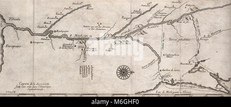 1681 Carte de la rivière Mississippi, système basé sur le même décidons 1673 de Jacques Marquette et Louis Jolliet. C'est l'une des nombreuses premières cartes prises en fonction de leurs descriptions de l'intérieur de l'Amérique du Nord. Banque D'Images