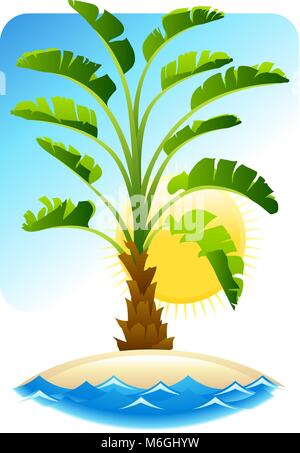 Palm tropical avec vue sur la mer sur fond de soleil Illustration de Vecteur