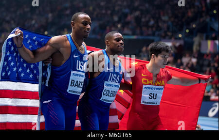 03 mars 2018, Grande-Bretagne, Birmingham : Championnats du monde en salle, men's 60m final. Ronnie Baker (L-R) des USA, Christian Coleman de USA et Bingtian de Chine su célébrer. Coleman a remporté l'or, Su a gagné l'argent gagné et Baker bronz Photo : Sven Hoppe/dpa dpa : Crédit photo alliance/Alamy Live News Banque D'Images