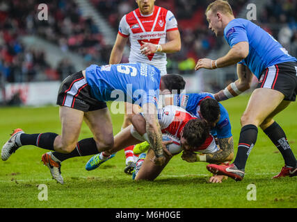 Dimanche 4 mars 2018, totalement méchants, stade St Helens, Angleterre ; Betfred Super League, St Helens rugby contre Salford Red Devils ; Crédit : Nouvelles Images/Alamy Live News Crédit : Nouvelles Images/Alamy Live News Banque D'Images