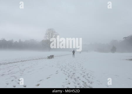 Dublin, Irlande. 4e Mar, 2018. Un jogger s'exécute à travers le brouillard dans un couvert de neige les endroits records à Saint-imier à Dublin. Libre à partir de Dublin, Irlande au cours de la suite de la tempête Emma. Credit : Brendan Donnelly/Alamy Live News Banque D'Images