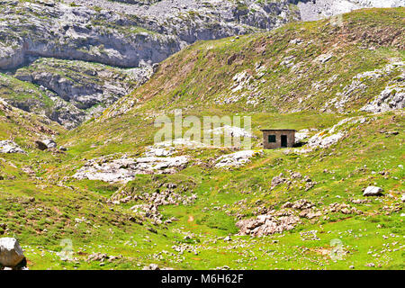 La petite cabane en pierre dans les montagnes. Autour d'un logis les pierres couvertes d'une herbe sur un arrière-plan des pistes de la pierre Banque D'Images