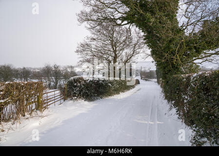 La neige profonde sur un chemin de campagne dans la campagne anglaise. Banque D'Images