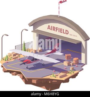 L'aérodrome de poly faible vecteur avec hangar et avion Illustration de Vecteur