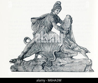 Cette illustration date d'environ 1898 et dépeint la sculpture de Mithra (également orthographié Mithra) qui se trouve au Vatican. Mithra est parfois connu sous le nom de Bull Bull abatteur et Slayer. Les adeptes de Mithra croient que le monde a été créé à partir du sang d'un taureau, de sorte que le symbolisme ici est que de Mithra de fentes la gorge du taureau. Le serpent représente les forces du mal dans les représentations de l'histoire de Mithra. Mithra était un dieu dans la religion perse connu comme le Mithraïsme. Il a été adoré comme le dieu du soleil, de la justice, et de la guerre. Il est plus tard devenu un dieu adoré dans Rome et dans Banque D'Images