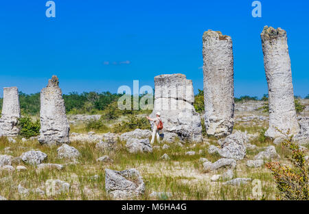 Les touristes dans le phénomène naturel Pobiti Kamani, connue comme la forêt de pierre et Dikilitash, repère naturel dans un lieu sacré près de Varna, Bulgarie Banque D'Images