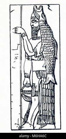 Cette illustration date d'environ 1898 et montre Anou ou Dagon à partir d'un relief à Nimroud (également orthographié Nimrod). Dagon est une ancienne divinité mésopotamienne, souvent associé à la fécondité et de l'agriculture. Le poisson qu'on voit ici avec lui était connu sous le nom de Dag, d'où la raison de son nom. Nimroud (également orthographié Nimrod) est le nom d'assyriens pour la ville de Kalhu sur la plaine de Ninive. Nimroud est situé au sud de l'actuelle ville de Mossoul en Irak. Anou (ANU) était l'ancienne Mesopotmaian dieu du ciel. Anou était à l'origine la divinité suprême du panthéon babylonien. Banque D'Images