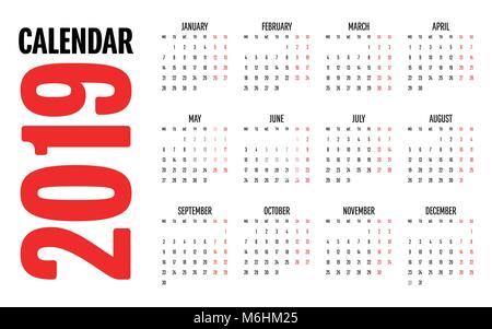 Calendrier 2019 Modèle de conception simple d'illustration vectorielle, effacer la semaine Commencer à partir de lundi Illustration de Vecteur