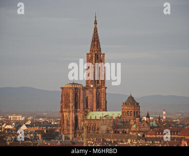 La cathédrale de Strasbourg le matin, à partir de la distance à des point de vue sur un jour de fête (drapeau français situé au sommet). Banque D'Images