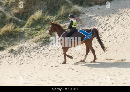 Un cheval-cavalier sur les dunes de sable de plage de Crantock en Newquay Cornwall. Banque D'Images