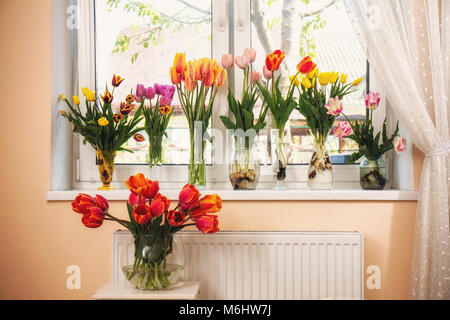 Tulipes dans un vase sur le rebord Banque D'Images