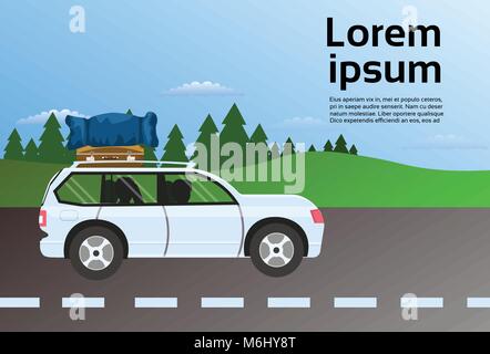 Voyages en famille véhicule sur route avec bagages valises sur le toit, les locations de voiture Voyage en voiture Concept Illustration de Vecteur