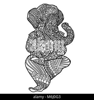 Seigneur Ganesha sur indian style mandala. Modèle asiatique avec des feuilles et des fleurs. Style de Yoga à imprimer. Vector illustration noir et blanc. Illustration de Vecteur