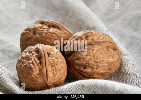 Une pile de noix de coquilles dures entassés ensemble sur tissu en coton gris clair serviette et isolé sur fond de bois rustique, copy space, dept peu profondes Banque D'Images