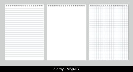 Ensemble de trois vector illustration réaliste de feuilles blanches de papier ligné et carrés d'un bloc isolé sur un fond gris avec les ombres Illustration de Vecteur