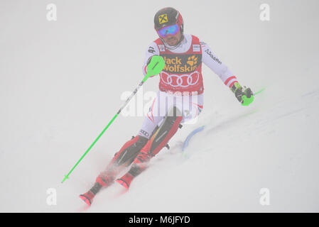 Kranjska Gora, Slovénie. 08Th Mar, 2018. L'Autriche Marcel Hirscher fait concurrence au cours de la course de slalom à la Vitranc Cup Coupe du Monde de Kranjska Gora, en Slovénie, le 4 mars 2018. Credit : Rok Rakun/Pacific Press/Alamy Live News Banque D'Images