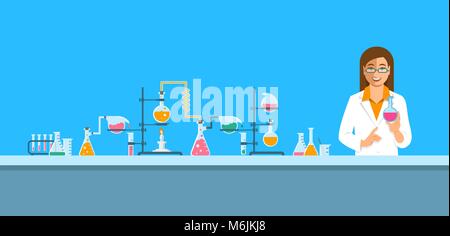Chimiste de laboratoire chimique. Vector background. Télévision Bannière horizontale de dessin animé. Femme scientifique en blouse blanche détient la fiole avec de nouveaux médicaments près de ph Illustration de Vecteur