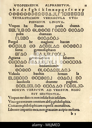 'Utopiensium Alphabetum" (alphabet utopique) de la troisième édition de 1518 'Utopia' par Sir Thomas More (1478-1535) d'abord publié en 1516. Gravure sur bois montre la langue utilisée sur l'île d'Utopie. Voir plus d'informations ci-dessous. Banque D'Images