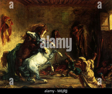 La lutte contre les chevaux arabes dans une étable, Delacroix, Eugène, 1860. Banque D'Images