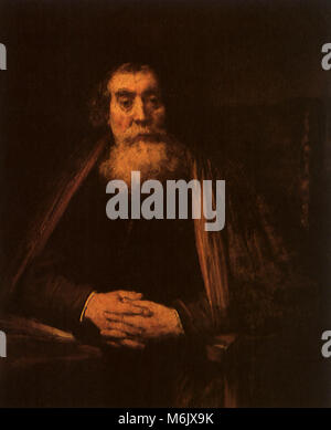Un vieil homme avec les mains jointes dans un fauteuil, Rembrandt, Leon Lhermitte, 1665. Banque D'Images