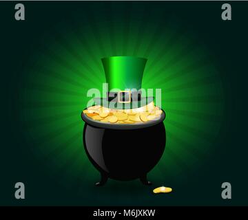 Saint Patricks Day avec carte de trésor leprechaun, sur fond vert rayons soleil. St Patricks Day symboles. Vector illustration pour carte de souhaits Illustration de Vecteur
