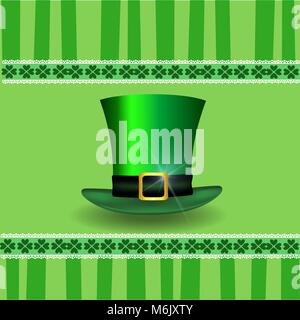 Saint Patrick's Day carte élégante avec des trèfles et dentelle top hat farfadet cylindre sur fond vert avec des rayures. Vector illustration. Illustration de Vecteur