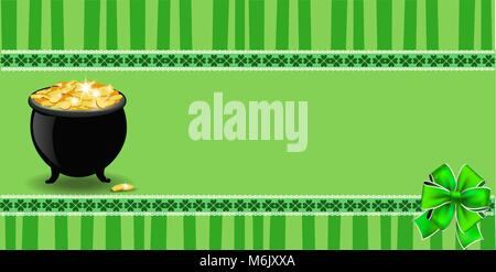 Saint Patricks Day banner avec clover bow, chaudron plein de lutins or sur fond vert avec rayures élégantes feuilles shamrock frontière. Vector Illustration de Vecteur