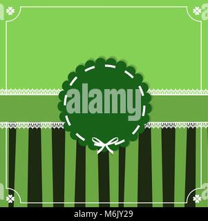 Saint Patrick's Day vintage modèle avec trèfles dentelle, ondulée ronde stamp avec ruban blanc sur fond rayé vert. Illustration vectorielle, frontière, Illustration de Vecteur