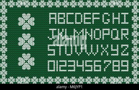 Tissu de fête script sur fond tricoté vert émeraude. Tricoté blanc en lettres et chiffres encadrées avec motif trèfle trèfles frontière. Vecto Illustration de Vecteur
