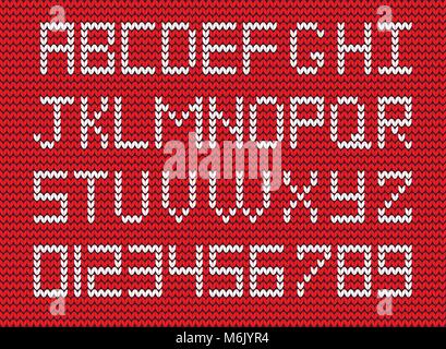 Alphabet et Chiffres en tricot blanc sur rouge en arrière-plan. Vector illustration d'étoffes des symboles et des nombres pour la conception. Illustration de Vecteur