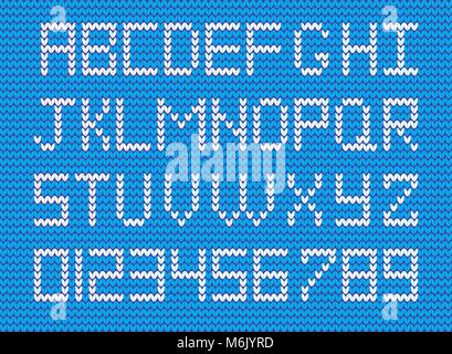 Ensemble d'Alphabet et Chiffres en tricot blanc sur bleu fond tricoté. En vecteur des symboles et des nombres pour la conception. Illustration de Vecteur