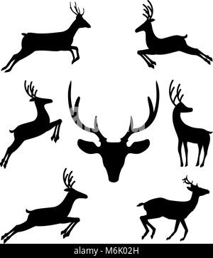 Jeu de silhouettes noires de rennes dans différentes positions en mouvement isolé sur fond blanc. Illustration vectorielle, icônes, clip art, éléments pour le d Illustration de Vecteur