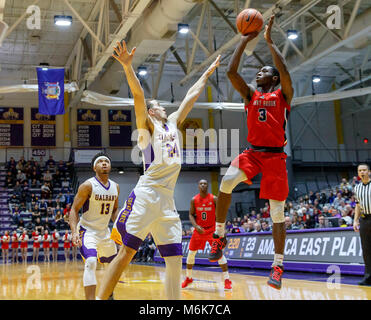 Albany, NY, USA. 3e Mar, 2018. Stony Brook dans le 69-60 Albany défaites America East Conference tournament quaterfinals au SEFCU Arena, le 3 mars 2018. Elie Olanlyl (# 3) Credit : csm/Alamy Live News Banque D'Images