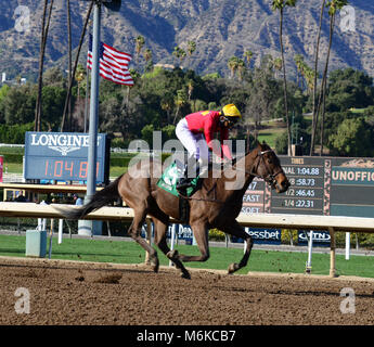 Arcadia, CA, USA. 5Th Mar, 2018. Cheval de course - AU-DELÀ DU PLAISIR AVEC RAJIV jockey MARAGH est sur le point de traverser le fil en 5e place lors de la 7ème course à Santa Anita Race Track, Arcadia, Californie, USA, le 4 mars 2018.Image Crédit cr Scott Mitchell/ZUMA Press Crédit : Scott Mitchell/ZUMA/Alamy Fil Live News Banque D'Images