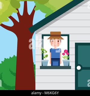 Le jeune homme dans la fenêtre de la chambre et de fleurs en pot jardin arbre Illustration de Vecteur