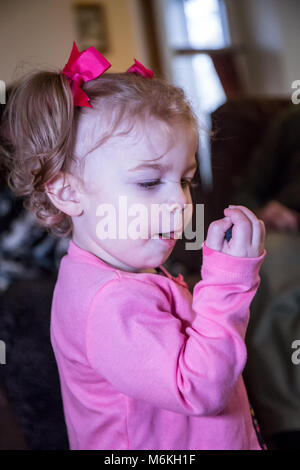 1 ans, fille de manger des bleuets, l'un de ses aliments préférés, regardant avec admiration les baies Banque D'Images